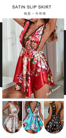 Vestido Feminino com Estampa e Alças de Cetim com Renda - Sexy Decote V Profundo Costas Abertas Elegante Verão