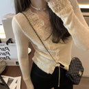 Fashion Women Chic V-Neck Lace Knitted  Cardigan Elegant Shirt Tops