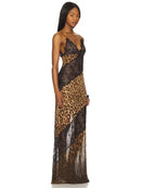 Vestido Maxi Feminino com Estampa de Leopardo e Alças - Sexy See Through Sem Manga Costas Abertas Praia Clube