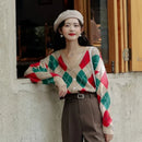 Cardigan Tricô Xadrez Feminino Estilo Coreano - Decote V Outono Inverno 2025
