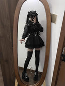 Women‘s Lolita Set Dark Femme Mesh Top & Waist Cinching Skirt, 2025 Autumn Japanese Street Style Coord for Gothic Baddie Fashion