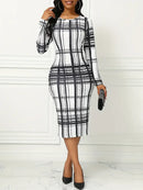 Women's Floral Print Midi Dress Plaid Pattern Ladies Long Skirt