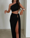 Conjunto Feminino 2 Peças com Top e Saia Longa com Fenda - Festa Clube Streetwear