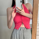 Regata Cropped Halter com Zíper - Feminina Sexy Streetwear Sem Manga