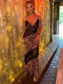 Vestido Maxi Feminino com Estampa de Leopardo e Alças - Sexy See Through Sem Manga Costas Abertas Praia Clube