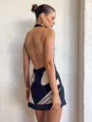 Vestido Bodycon Feminino com Estampa e Halter - Sexy Decote V Costas Abertas Slim Festa Clube