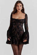 Vestido Mini Elegante com Estampa e Manga Longa - Outono e Inverno