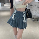 Denim Pleated Skirts Women Cute Lace-up Chic Girlish Summer Mini Skirt Korean Style Fashion Sexy High Waist Streetwear College