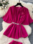 Women Summer Skirt Sets New Fashionable Three-dimensional Flower Short Sleeved Chiffon Top Pleated Skirt Two-piece Set C111