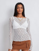 Women Lace Pullover TopS Retro Long Sleeve Round Neck See Through Solid Color Fitted T-Shirts Casual Blouse Streetwear Y2K 2000s