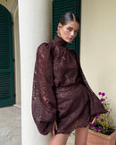 2026 New Women's Long Sleeve Design Fashion Openwork Lace Miniskirt Elegant Temperament Autumn Party Banquet Evening Dress