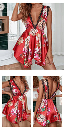 Vestido Feminino com Estampa e Alças de Cetim com Renda - Sexy Decote V Profundo Costas Abertas Elegante Verão