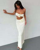 Female Knit 2 Piece-Set Long Skirt Floral Patchwork Tube Tops And High Waist Slim Beach Skirt Sets Knitwear Women Outfits