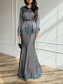 Women Two Piece Sets Skirt Set Turn Down Collar Lace Sexy Full Sleeve Tops Long Skirts High Waist Y2k Streetwear Elegant Work