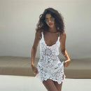 Vestido Mini Feminino Vazado com Renda e Alças Finas - Sexy Decote V Costas Abertas Praia Verão