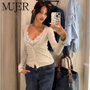 Cardigan Feminino de Renda com Botões e Manga Longa - Cropped Vintage Tricô Suave Casual