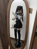 Women‘s Lolita Set Dark Femme Mesh Top & Waist Cinching Skirt, 2025 Autumn Japanese Street Style Coord for Gothic Baddie Fashion