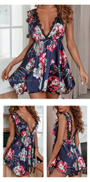 Vestido Feminino com Estampa e Alças de Cetim com Renda - Sexy Decote V Profundo Costas Abertas Elegante Verão
