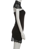Vestido Mini Bodycon Feminino com Renda e Xale Gola Alta - Sexy Costas Abertas Festa Clube