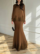 Women Two Piece Sets Skirt Set Turn Down Collar Lace Sexy Full Sleeve Tops Long Skirts High Waist Y2k Streetwear Elegant Work
