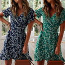 Boho Floral skirt Print Ruffles Women Dress Summer Sexy V Neck Short Sleeve A Line Chiffon Mini Dresses Beach Sundress
