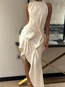 Women Elegant Pleated Irregular Slim Long Skirt Sexy Solid Backless Off-shoulder Dress New Dating Party Festival Club Prom Gown