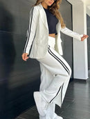Women 2 Piece Sets Suit Jacket Wide Leg Pants Turn Down Collar Pockets Striped Blazer Coat Trousers 2025 Office Lady Outfits