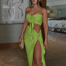 Two Piece Skirt Set for Women Sexy 3D Flower Tube Top High Split Long Maxi Skirt Womens Vacation Outfits