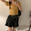 Camiseta Cropped Feminina de Malha com Decote V - Casual Versátil Manga Curta Bandagem Canelada Verão