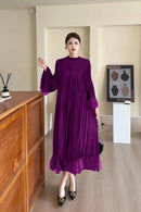 Miyake Pleated Dress Women's 2025 New High-end Solid Color Round Neck Bell Sleeves Ruffled Waist Design Elegant Pleated Skirt