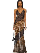 Vestido Maxi Feminino com Estampa de Leopardo e Alças - Sexy See Through Sem Manga Costas Abertas Praia Clube