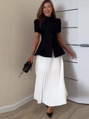 Elegant Short Sleeve Waist Single Breasted Top Pleated Midi Skirts Fashion A Line Skirt Set for Women 2026 Spring Female Outfits