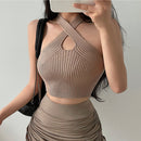 Top Cropped Feminino Halter de Tricô com Alças Cruzadas - Sexy Ombro a Ombro Regata Verão 2023