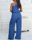 Macacão Feminino Azul Casual com Alças Finas e Amarrão - Dia a Dia