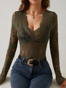 Women Long Sleeve Sheer Mesh Blouse Sexy See Through V Neck Floral Lace Shirt Y2K Daily Wear Street Dating Night Club Party Tops