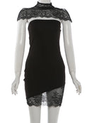 Vestido Mini Bodycon Feminino com Renda e Xale Gola Alta - Sexy Costas Abertas Festa Clube