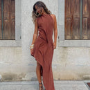 Women Elegant Pleated Irregular Slim Long Skirt Sexy Solid Backless Off-shoulder Dress New Dating Party Festival Club Prom Gown