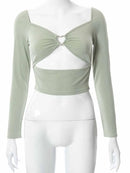 Cropped Manga Longa Feminino com Recortes - Decote V Slim Costas Abertas Outono/Inverno
