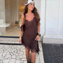 Vestido Mini Feminino com Renda Patchwork e Alças Finas - Irregular Costas Abertas Fenda Sexy Decote V Festa