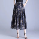 Women Floral Print Tiered Midi Skirt Elastic High Waist Pocketed Ruffle Hem Casual Boho Long Skirt