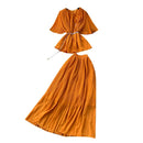Women Summer Skirt Sets New Fashionable Three-dimensional Flower Short Sleeved Chiffon Top Pleated Skirt Two-piece Set C111