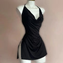 Vestido Mini Feminino Vermelho com Bandagem e Decote V - Irregular Slim Sexy Moda Coreana Noite