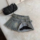 Women's Denim Skirt with Studded Belt Low Rise Pleated Mini Skirt Blue Black Jean Skirts Alt Girls Y2K Punk 90s