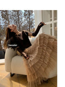 Elegant Multi-Layered Tulle Skirt Long Dress Women's Autumn Winter High Waist Cake Skirt Style Slimming Elegant Midi Skirt