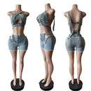Sexy Jean Women Short Sets Straps Denim Crop Top and Cut Out Shorts Set 2025 Summer Clothes Streetwear Two 2 Piece Club Outfits