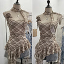 Women's Vintage Tie-dye Printed Mesh Spaghetti Strap Camisole Hot Girl Irregular Ruffled Ribbon Sleeveless Top Partyclub 1185