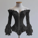 Off Shoulder Lace Blouse for Women Flare Sleeve Zipper Fly Solid Elegant Chic Sexy Hollow Out Long Sleeve Tops Irregular Hem Top
