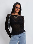 Women Lace Pullover TopS Retro Long Sleeve Round Neck See Through Solid Color Fitted T-Shirts Casual Blouse Streetwear Y2K 2000s