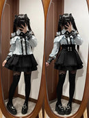 Women‘s Lolita Set Dark Femme Mesh Top & Waist Cinching Skirt, 2025 Autumn Japanese Street Style Coord for Gothic Baddie Fashion
