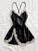 Camisola Feminina Sexy com Renda e Decote V - Pijama Curto de Seda Costas Abertas Lingerie Noite